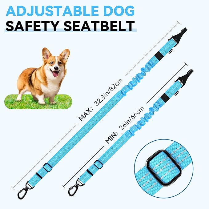 Pawaboo Dog Seatbelt for Car, 3-in-1 Dog Seat Belt Bungee, Shockproof Dogs Tether for Car with Buckle &amp; Hook Latch, Adjustable Reflective Dogs Cars Harness Leash with 360° Lockable Buckle, Blue