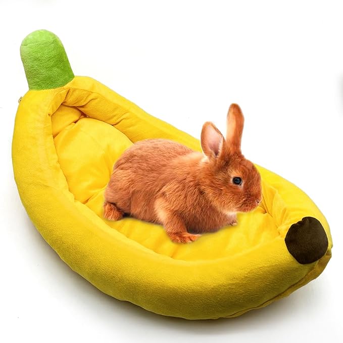 Bunny Bed,Rabbit Bed,Thick&amp;Soft with Removable Mat,Machine Washable Guinea Pig Cushion,Cozy Bunny Plush House,Warm Small Animal Sleeping Beds(Yellow Banana Shape-M)