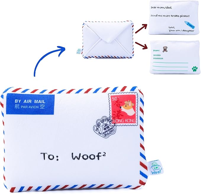 Hong Kong Airmail Soft Plush Nose-Work Squeaky Dog Toy - Durable &amp; Cute 2-in-1 Envelope &amp; Letter for Interactive Play, Extendable Cloth to Hide Food for Puzzle Fun, Small Medium Dogs