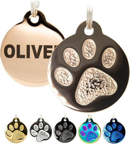 Engraved Pet Tag for Dogs and Cats - Personalized Front &amp; Back up to 4 Lines of Text Custom Engraved ID, Round Paw Print Solid Plating Stainless Steel Rose Gold Regular