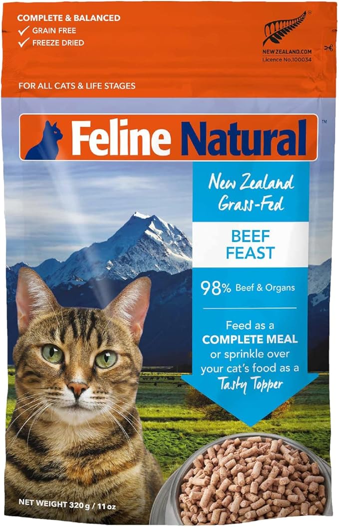 Feline Natural High Protein Dry Cat Food, Freeze-Dried Diet with 98% Meat, Organs &amp; Seafood, No Peas, Grains, or Artificial Additives, Made in New Zealand, Beef, 11oz