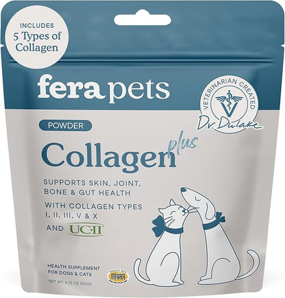 Fera Pets Cat &amp; Dog Collagen Powder - Bone, Gut, Joint and Skin Supplement - 5 Types of Collagen + Clinically Studied UC-II® - 4.23 oz