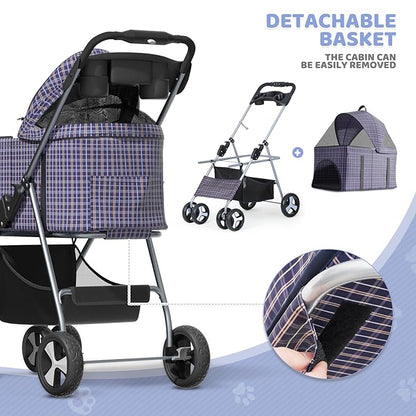Magshion Foldable Pet Stroller, 3-in-1 Dog Travel Jogger with Detachable Carrier, Cup Holder, Storage Basket, Folding Carrier for Small/Medium Dogs &amp; Cats Up to 33 lbs, Plaid