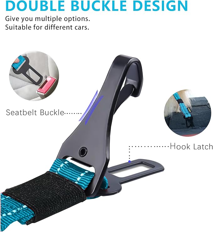 AUBELL Dog Seat Belt for Car,Updated 3-in-1 Adjustable Reflective Bungee Heavy Duty Dog Car Harness Tether with Clip Hook Latch &amp; Buckle,Swivel Zinc Alloy Carabiner,Blue