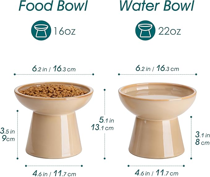 vancasso Ceramic Elevated Cat Bowls 2-Pack - 6.2" Extra Wide Raised Cat Food &amp; Water Dishes, 5.1" Optimal Height Anti-Whisker Fatigue Shallow Bowls for Cats/Kittens/Dogs, Lead &amp; Cadmium Free (Brown)