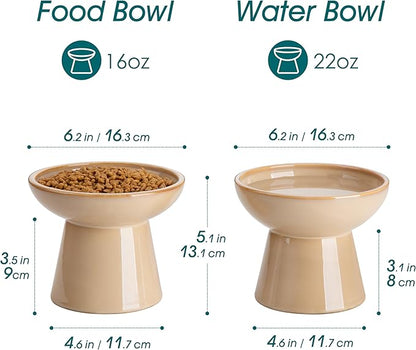 vancasso Ceramic Elevated Cat Bowls 2-Pack - 6.2" Extra Wide Raised Cat Food &amp; Water Dishes, 5.1" Optimal Height Anti-Whisker Fatigue Shallow Bowls for Cats/Kittens/Dogs, Lead &amp; Cadmium Free (Brown)