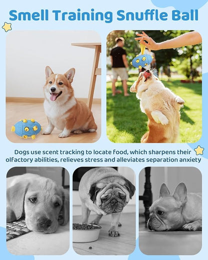 Interactive Dog Toy with Natural Rubber Soccer Design, Dental Care, Pet Energy Relief Brain Teaser Toy, Activity Training Foraging Toy, Mentally Stimulating Slow Feeder Dog Treat Dispenser Blue