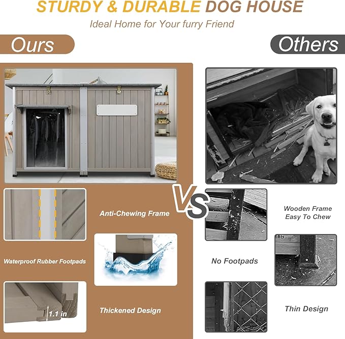Weatherproof Outdoor Dog House, Wooden Puppy Shelter with Anti-Chewing Iron Frame and Elevated Floor, Sturdy Dog Kennel for Small, Medium &amp; Large Dogs, Grey (Gray, 51" L x 29" W x 32" H)