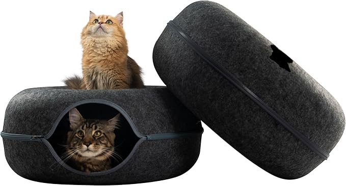 CATTASAURUS Peekaboo Cat Cave for Multiple &amp; Large Cats Up to 30-45 Lbs, Scratch Detachable &amp; Washable Tunnel Bed, Comfy Donut Cat Cave (Dark Gray + Dark Gray, Large)