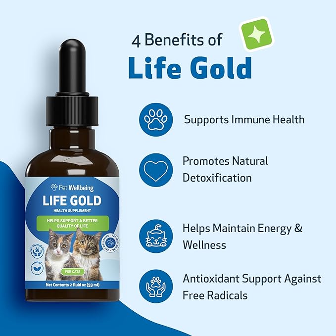 Life Gold for Cats - Supports Detoxification &amp; Healthy Immune Defenses, Astragalus, Burdock, Sheep Sorrel - Pet Wellbeing Vet-Formulated Holistic Supplement – 2 oz (59 ml)