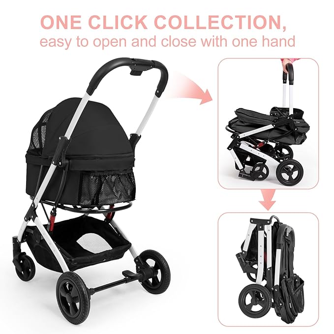Pet Stroller for Medium Small Dog &amp; Cat, Foldable Lightweight Dog Stroller with Storage Basket Pet Travel Carriage with Safety Leashes, 4 Wheel, Black