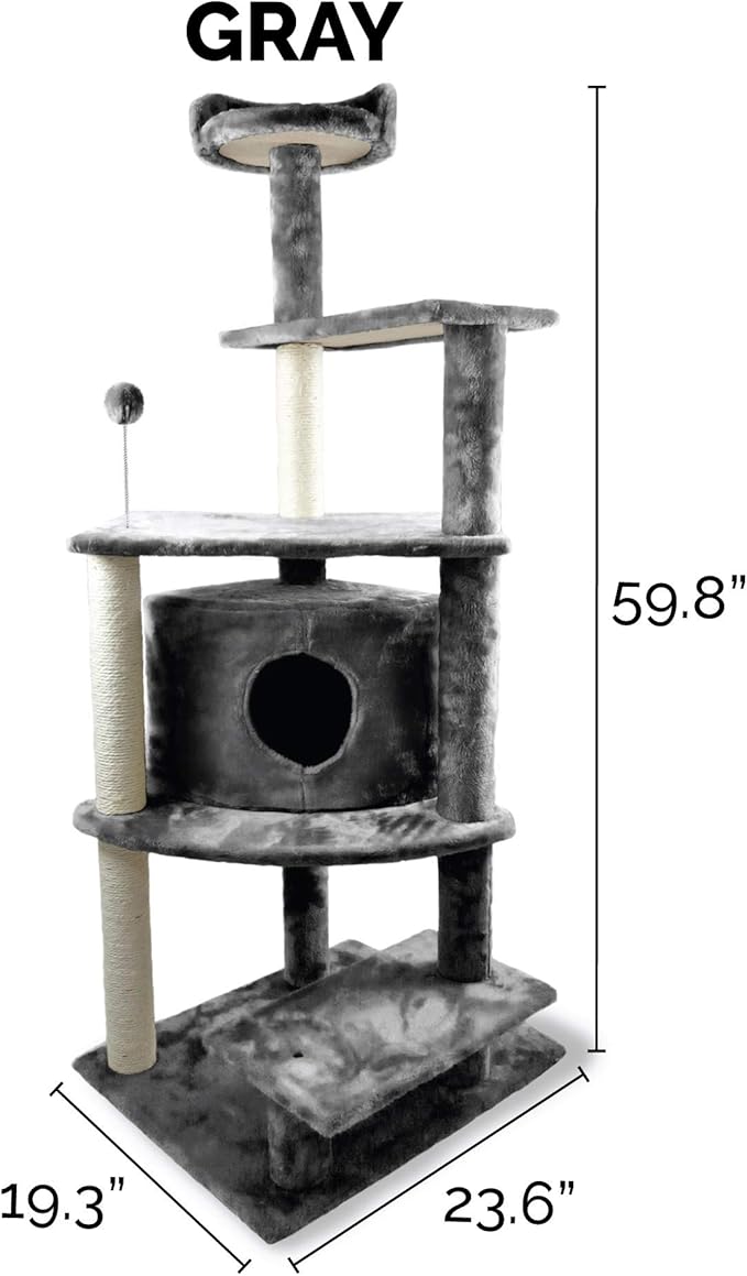Furhaven 59.8" Tall Cat Tree for Indoor Cats, Ft. Sisal Scratching Posts, Condo, &amp; Toys - Tiger Tough Platform House Interactive Playground Tower - Gray, One Size