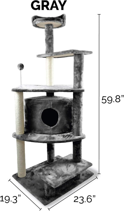 Furhaven 59.8" Tall Cat Tree for Indoor Cats, Ft. Sisal Scratching Posts, Condo, &amp; Toys - Tiger Tough Platform House Interactive Playground Tower - Gray, One Size
