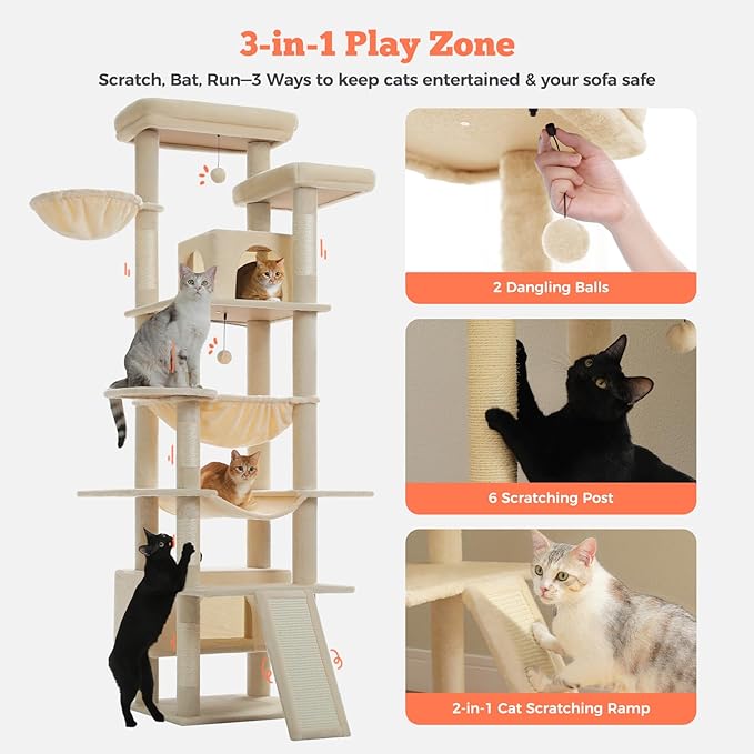 Large Cat Tree for Big Cats &amp; Multi-Cat Homes, 81 Inch Tall Cat Tower with Sturdy Metal Hammock, 6 Sisal Scratching Posts, 2 Cozy Condos, 2 Top Perches - Multi-Level Cat Tower, Beige