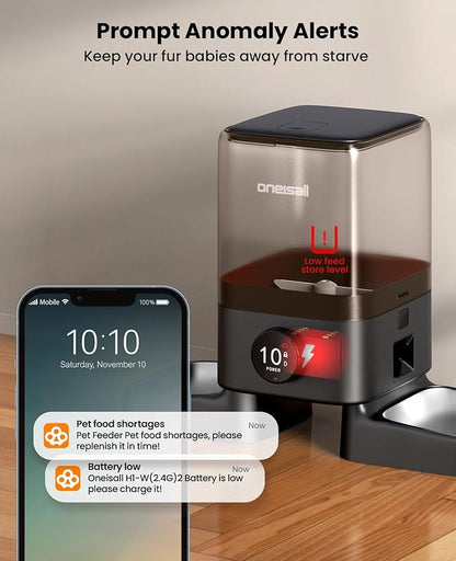 oneisall Wireless WiFi Automatic Cat Feeders 2 Cat, Rechargeable 100-Day Battery Operated Timed Cats Feeder, 20 Cups/5L Cats Food Dispenser Automatic for Large Kibble, Smart App Control.