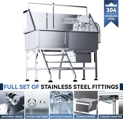 Professional 46" Dog Washing Station, Stainless Steel Dog Bathing Station, Height Adjustable Dog Wash Station, Storage Drawer, Upgrade Parts, Home, Commercial (Left Step)