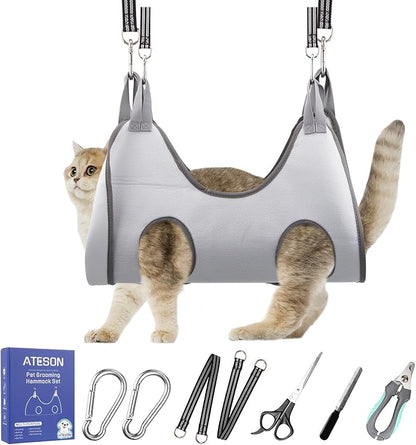 Pet Grooming Hammock Harness for Cats &amp; Small Dogs (XXS), Dog Nail Trimming Sling with Clippers, Scissors &amp; Nail File, Hanging Holder for Easy Grooming &amp; Nail Care
