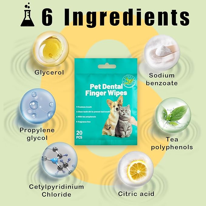 Portable Dog Teeth Dental Finger Wipes for Dogs &amp; Cats No-Rinse Dog Finger Toothbrush Dog Plaque &amp; Tartar Prevention with Brushing Beads Dog Breath Freshene 20pcs