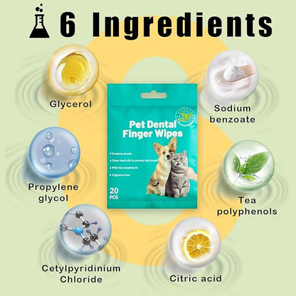 Portable Dog Teeth Dental Finger Wipes for Dogs &amp; Cats No-Rinse Dog Finger Toothbrush Dog Plaque &amp; Tartar Prevention with Brushing Beads Dog Breath Freshene 20pcs