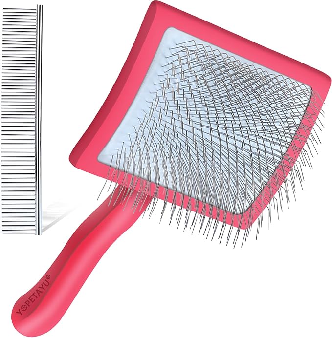Dog Slicker Brush for Shedding and Grooming Medium or Long Haired Cats, Extra Long &amp; Soft Pin Slicker Brush for Removes Loose Hair, Tangles, Knots, Undercoat, Free Pet Comb, Large Red