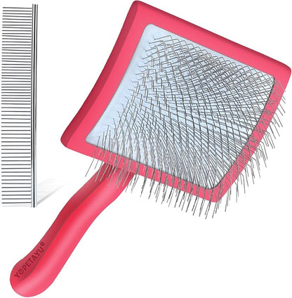 Dog Slicker Brush for Shedding and Grooming Medium or Long Haired Cats, Extra Long &amp; Soft Pin Slicker Brush for Removes Loose Hair, Tangles, Knots, Undercoat, Free Pet Comb, Large Red