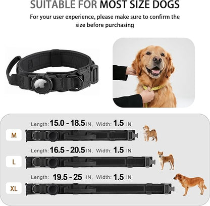 Tactical AirTag Dog Collar Leash Set - Heavy Duty, Adjustable GPS Collar Compatible with Apple AirTag, with Holder &amp; Control Handle for Medium/Large Dogs [ Black, L ]