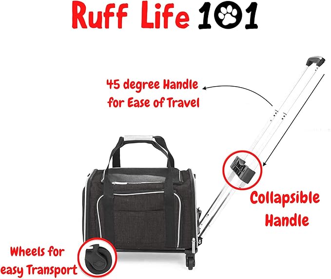 Airline Approved Expandable Premium Pet Carrier on Wheels- Two Sided Rolling Carrier- Designed for Dogs &amp; Cats- Extra Spacious Soft Lined Carrier! (Black) (RL-PET-CARRIER-WHEELS)