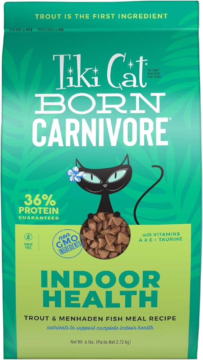 Tiki Cat Born Carnivore Indoor Health, Trout &amp; Menhaden Fish Meal, Grain-Free Baked Kibble to Maximize Nutrients, Dry Cat Food, 6 Lbs. Bag