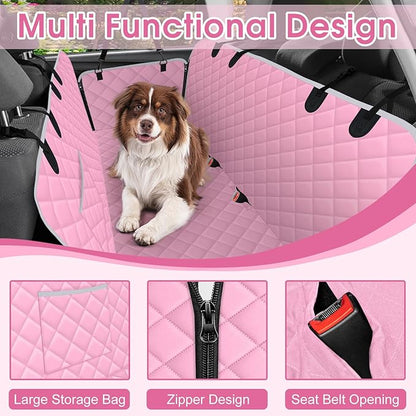 Waterproof Dog Car Seat Cover for Back Seat - Durable, Scratch Proof Pet Hammock with Nonslip Design &amp; Storage Pockets, Fits Cars, SUVs, Trucks - S, Pink/Grey
