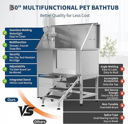 50" Stainless Steel Professional Dog Washing Station - Pet Bathing Tub w/Non-Slip Stairs &amp; Storage Shelf | Slip-Resistant Floor Grate | for Large/Medium/Small Dogs