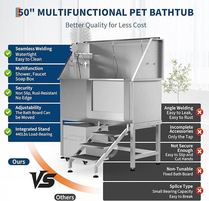 50" Stainless Steel Professional Dog Washing Station - Pet Bathing Tub w/Non-Slip Stairs &amp; Storage Shelf | Slip-Resistant Floor Grate | for Large/Medium/Small Dogs