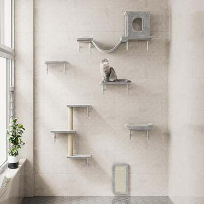 NUNU LAB Wall Mounted Cat Furniture, 6 Pcs Cat Wall Shelves with Condo House, Bridge, Steps, Scratcher, Hammock, Indoor Safe &amp; Stable Furniture for Kittens Play, Gray