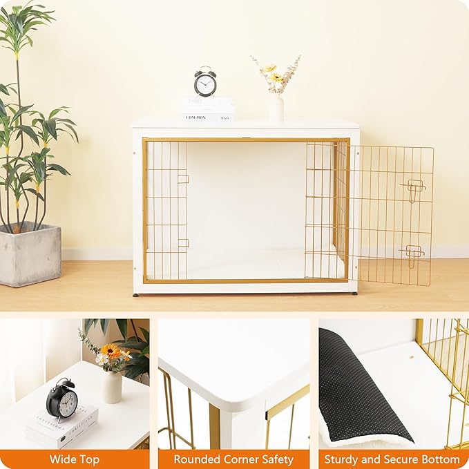 DWANTON Dog Crate Furniture with Cushion, Wooden Kennel Table with Double Doors, Indoor Dog House, Extra Large Size, 43.3" L, White+Gold
