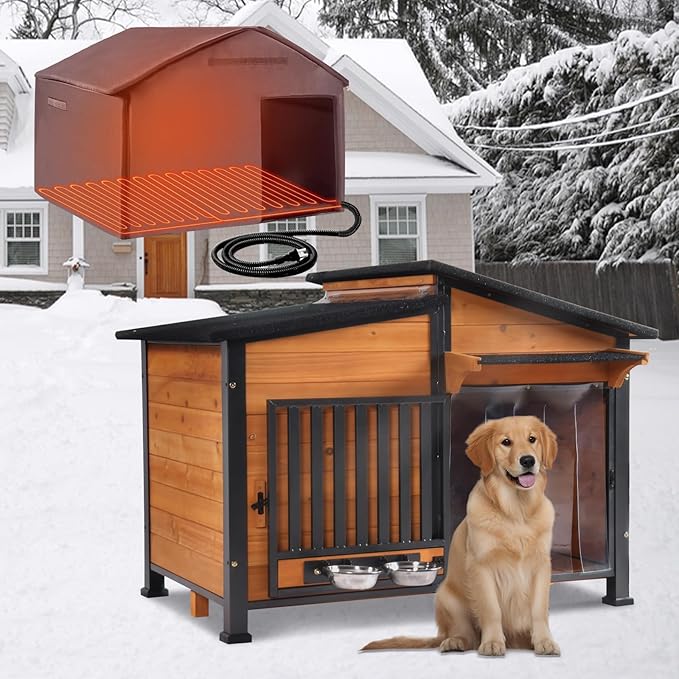 Chew-Resistant Dog House with Metal Frame, Wooden Kennel for Indoor &amp; Outdoor Use, Waterproof Roof &amp; Feeding Bowls Included (Wood, L-in)