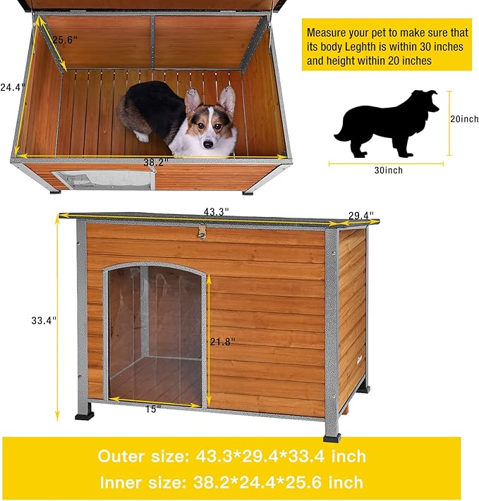 Aivituvin Dog House Outdoor &amp; Indoor Wooden Dog Kennel for Winter with Raised Feet Weatherproof for Small &amp; Medium &amp; Large Dogs,Unique All-Around Iron Frame…