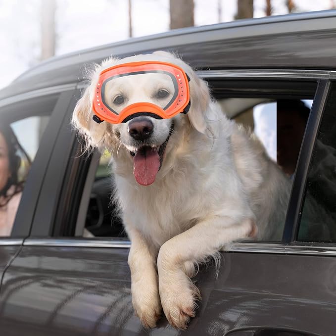 NAMSAN Clear Dog Goggles for Large Dogs, Wide Eyecup &amp; Soft Frame, Anti-UV Sunglasses for Dogs Medium to Large Breed, Driving Dog Eye Protection, Windproof Dustproof, Adjustable, Orange