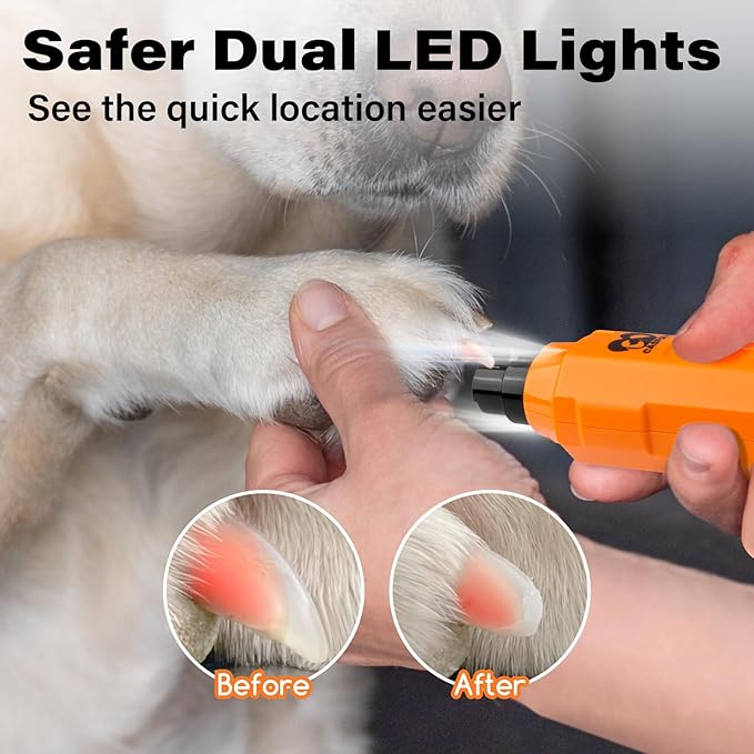 Casfuy 6-Speed Dog Nail Grinder - Newest Enhanced Pet Nail Grinder Super Quiet Rechargeable Electric Dog Nail Trimmer Painless Paws Grooming &amp; Smoothing Tool for Large Medium Small Dogs (Orange)