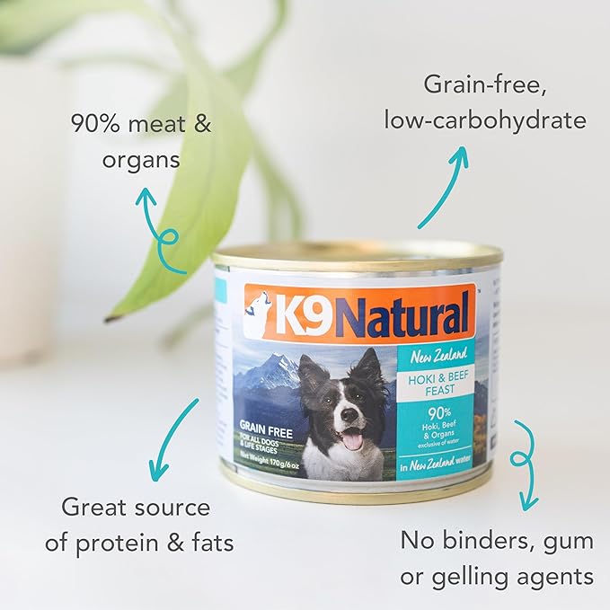 K9 Natural Wet Dog Food Pate, Hoki &amp; Beef Feast, 6 Oz Cans (Pack of 12), Grain Free, Made in New Zealand with Sustainably Caught Hoki Fish and Grass-Fed and Finished Beef