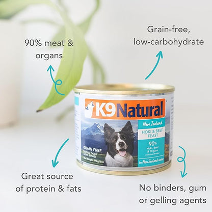K9 Natural Wet Dog Food Pate, Hoki &amp; Beef Feast, 6 Oz Cans (Pack of 12), Grain Free, Made in New Zealand with Sustainably Caught Hoki Fish and Grass-Fed and Finished Beef