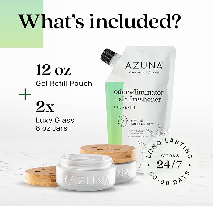Azuna Air Freshener &amp; Odor Eliminator for Strong Odor | 2 Room Kit Includes (2) 8 oz. Empty Luxe Glass Jars &amp; 12 oz | Refill with Tea Tree Essential Oil Gel | Natural Scent | Last 60-90 Days
