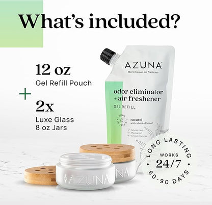 Azuna Air Freshener &amp; Odor Eliminator for Strong Odor | 2 Room Kit Includes (2) 8 oz. Empty Luxe Glass Jars &amp; 12 oz | Refill with Tea Tree Essential Oil Gel | Natural Scent | Last 60-90 Days