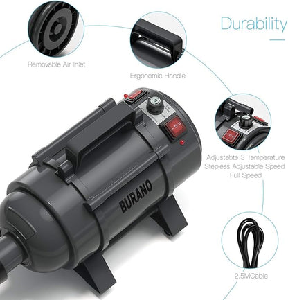 Burano Dog Dryer, High Velocity Pet Hair Dryer, 4.3HP Stepless Adjustable Speed Dog Hair Force Dryer, Powerful Pet Blower with Heater