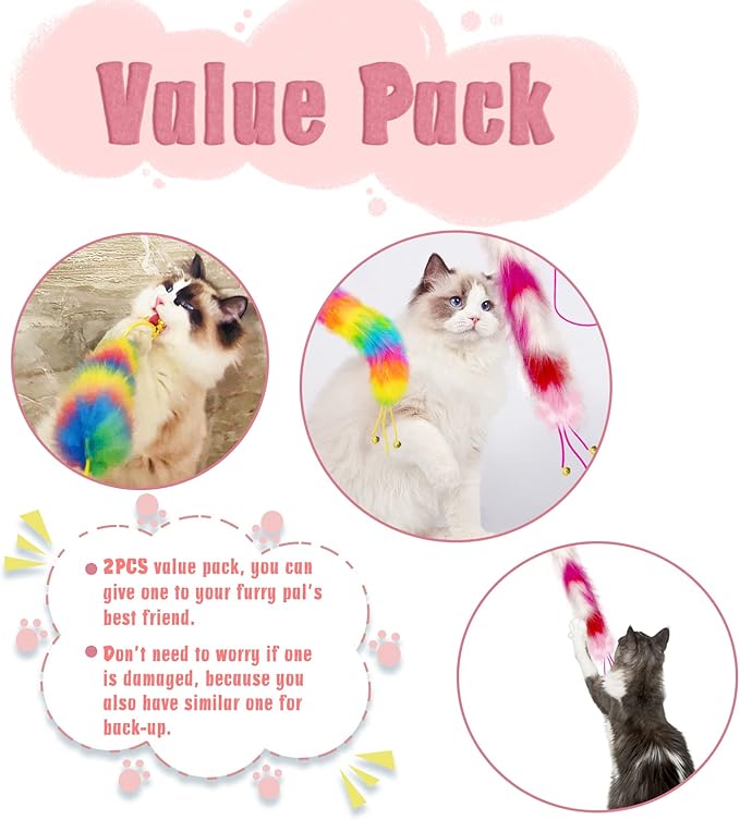 2 Pack Cat Wand Toy, Rainbow Cat Feather Toys with Bells, Teaser Wand with Soft Furry Tail, Interactive Toys for Indoor Cats &amp; Kitten &amp; Kitty
