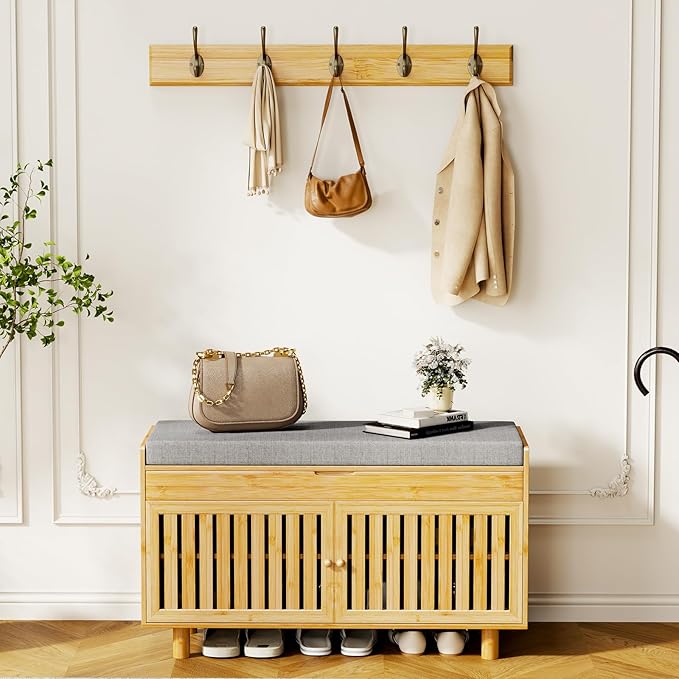 Coat Rack Shoe Bench Set, Bamboo Shoe Storage Bench with Seat Cushion &amp; 5 Hooks, Hall Tree Entryway Bench with Lift Top Hidden Storage, 35.4" W x 12.6" D x 19.7" H, for Entryway, Living Room, Bedroom