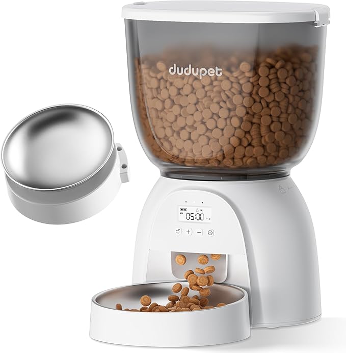 5L/21 Cup Automatic Cat Feeder, Timed Cat Food Dispenser, Automatic Pet Feeders Up to 6 Meals 1-20 Portion, Dual Power Supply Cats Feeder with Stainless Steel, Pet Dry Food Dispenser for Cats &amp; Puppy
