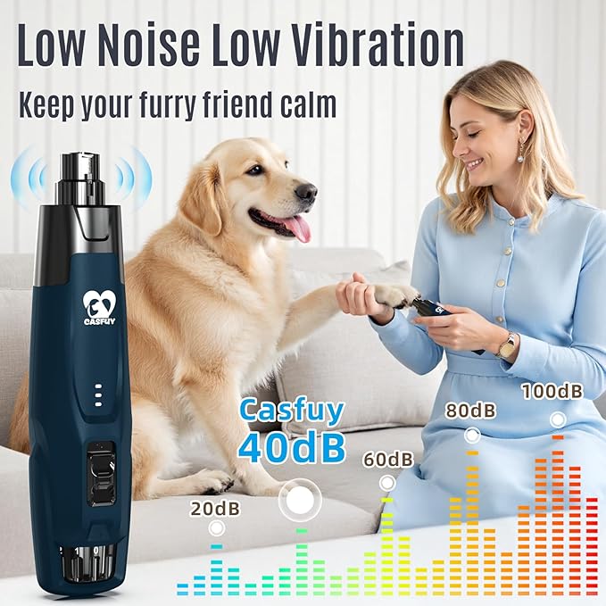 Casfuy New 6-Speed Dog Nail Grinder - 50% More Power Dog Nail Trimmers with 2 LED Lights Quiet 7h Running Time Electric Pet Nail Grinder File Toenail Grinder for Large Medium Small Dogs &amp; Cats (DB)