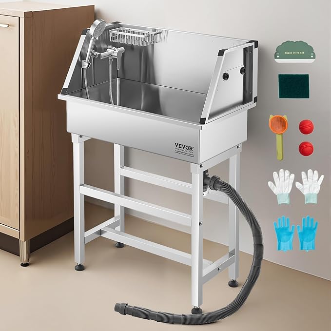 VEVOR Stainless Steel Dog Washing Station, 34 inch Pet Grooming Tub w/Faucet &amp; Showerhead &amp; Soap Holder &amp; Play Balls Simple Dog Bathtub for Multiple Pets, Home Washing Sink