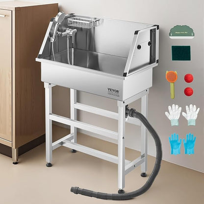VEVOR Stainless Steel Dog Washing Station, 34 inch Pet Grooming Tub w/Faucet &amp; Showerhead &amp; Soap Holder &amp; Play Balls Simple Dog Bathtub for Multiple Pets, Home Washing Sink