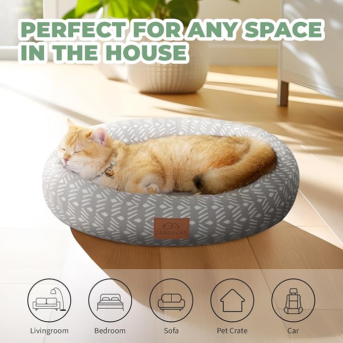 Cat Bed, 20In Dog Beds for Small Dogs, Calming Cat &amp; Dog Beds for Indoor Pets, Pet Beds Comfortable Donut Round Ultra Soft (Grey Pattern, 20.0" L x 20.0" W x 6.5" Th)