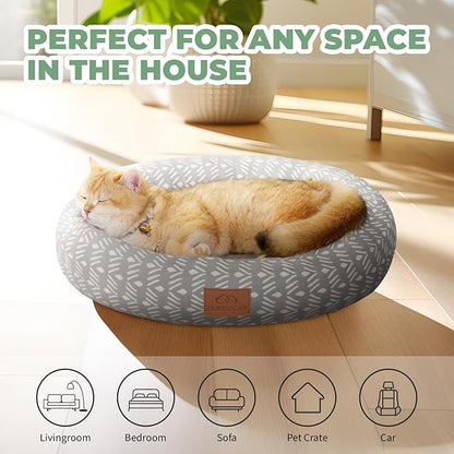 Cat Bed, 20In Dog Beds for Small Dogs, Calming Cat &amp; Dog Beds for Indoor Pets, Pet Beds Comfortable Donut Round Ultra Soft (Grey Pattern, 20.0" L x 20.0" W x 6.5" Th)